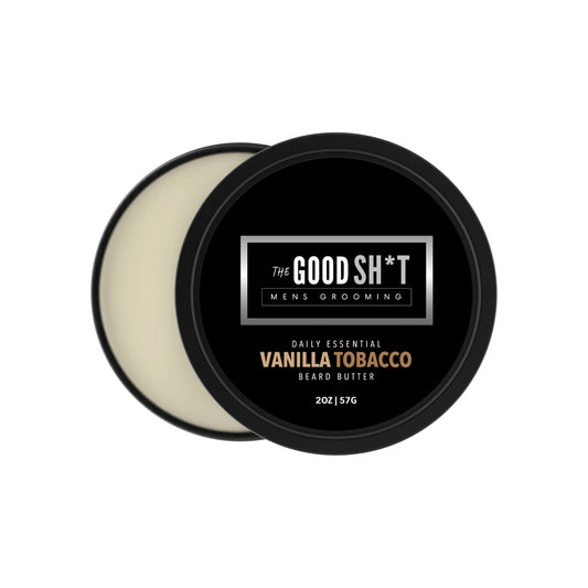Beard butter from The Good Sh*t Mens Grooming with vanilla and tobacco scent, 2oz jar for soft, nourished beard care.