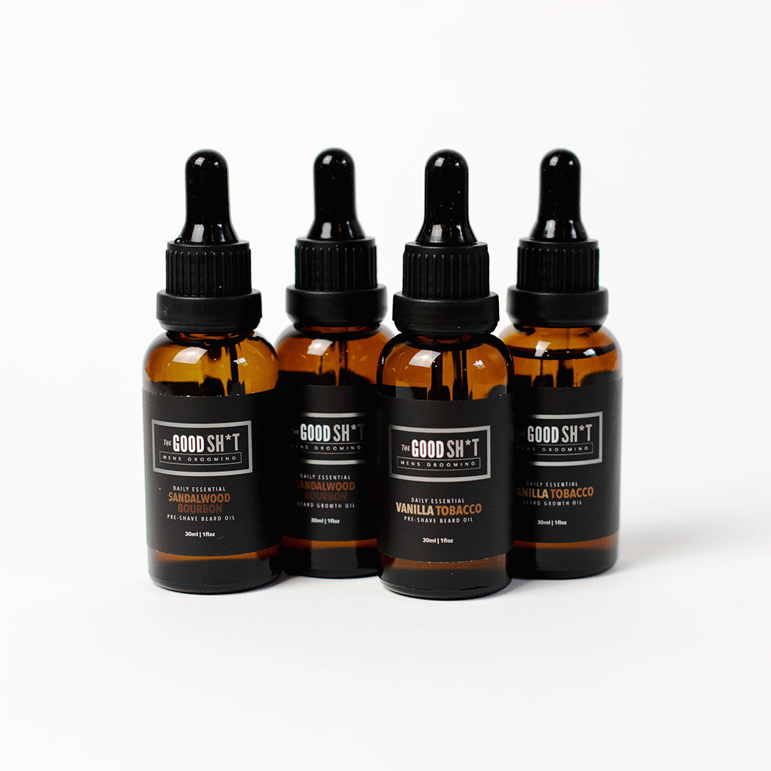 Beard and pre-shave oil collection featuring The Good Sh*t Mens Grooming pre-shave oil in 1oz bottles.