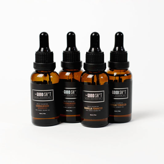 Beard and pre-shave oil collection featuring The Good Sh*t Mens Grooming pre-shave oil in 1oz bottles.