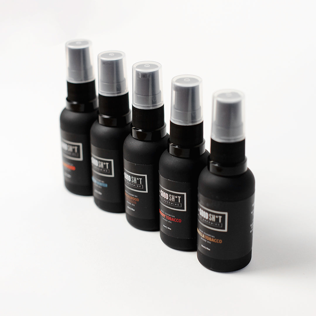 Beard oil from The Good Sh*t Men's Grooming in a 1oz bottle, designed to moisturize and condition men's beards.