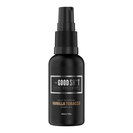 Beard oil by The Good Sh*t Men’s Grooming, 1oz bottle with dropper for nourishing and softening beard hair.