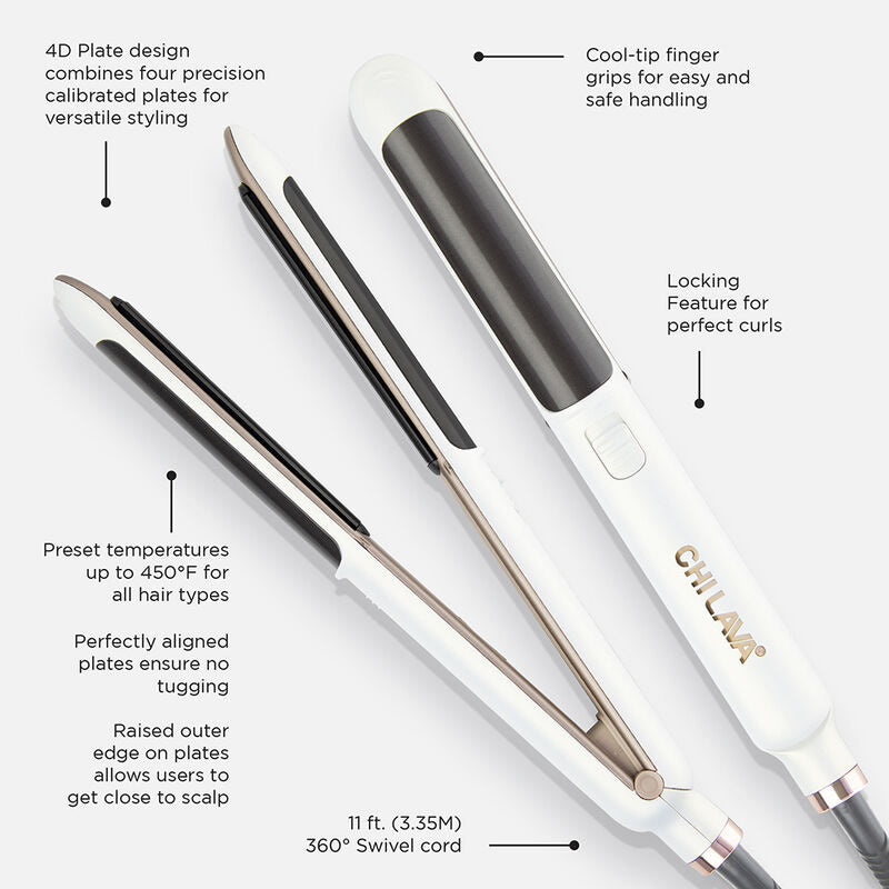 White CHI Lava 4D Styling Iron 1-inch straightener with 4D ceramic plates for smooth, sleek hair styling.