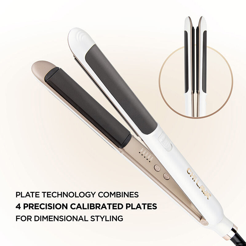 CHI Lava 4D Styling Iron 1-inch white straightener by Chi Tools with digital controls and ceramic tourmaline plates.