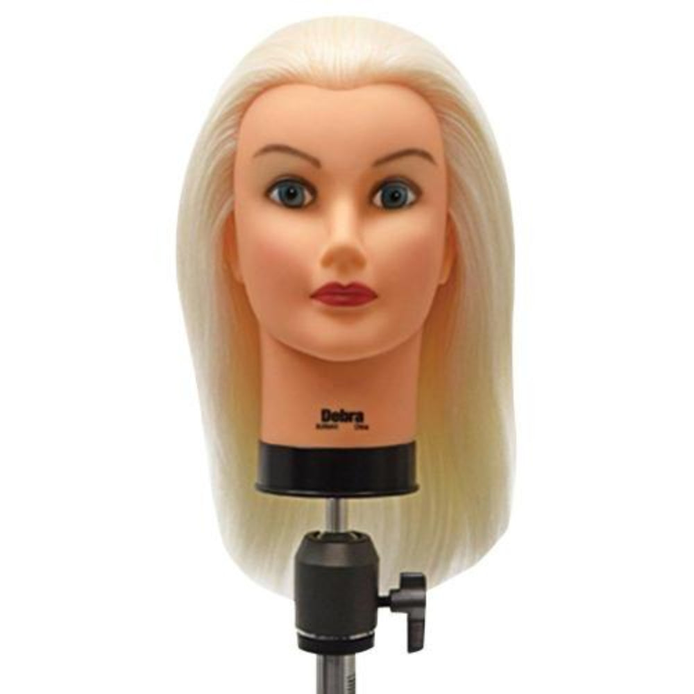 Blonde human hair mannequin head named Debra for cosmetology, showcasing realistic hair styling and training features.
