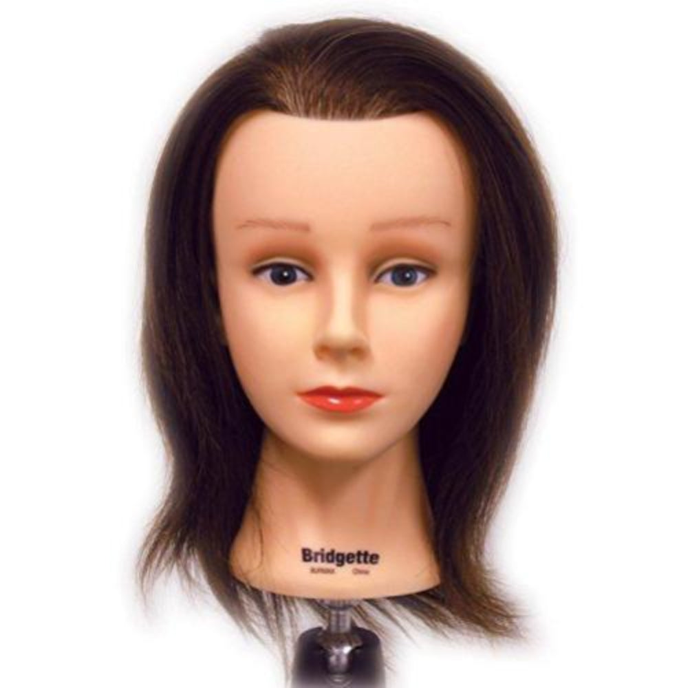 Celebrity Bridgette human hair mannequin for cosmetology practice, featuring realistic hair and scalp details.