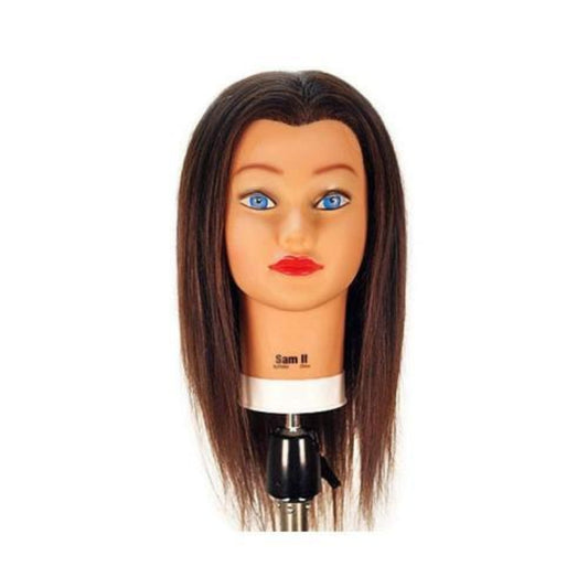 Celebrity Sam II human hair mannequin for cosmetology training, showcasing realistic hair and scalp details for styling practice.