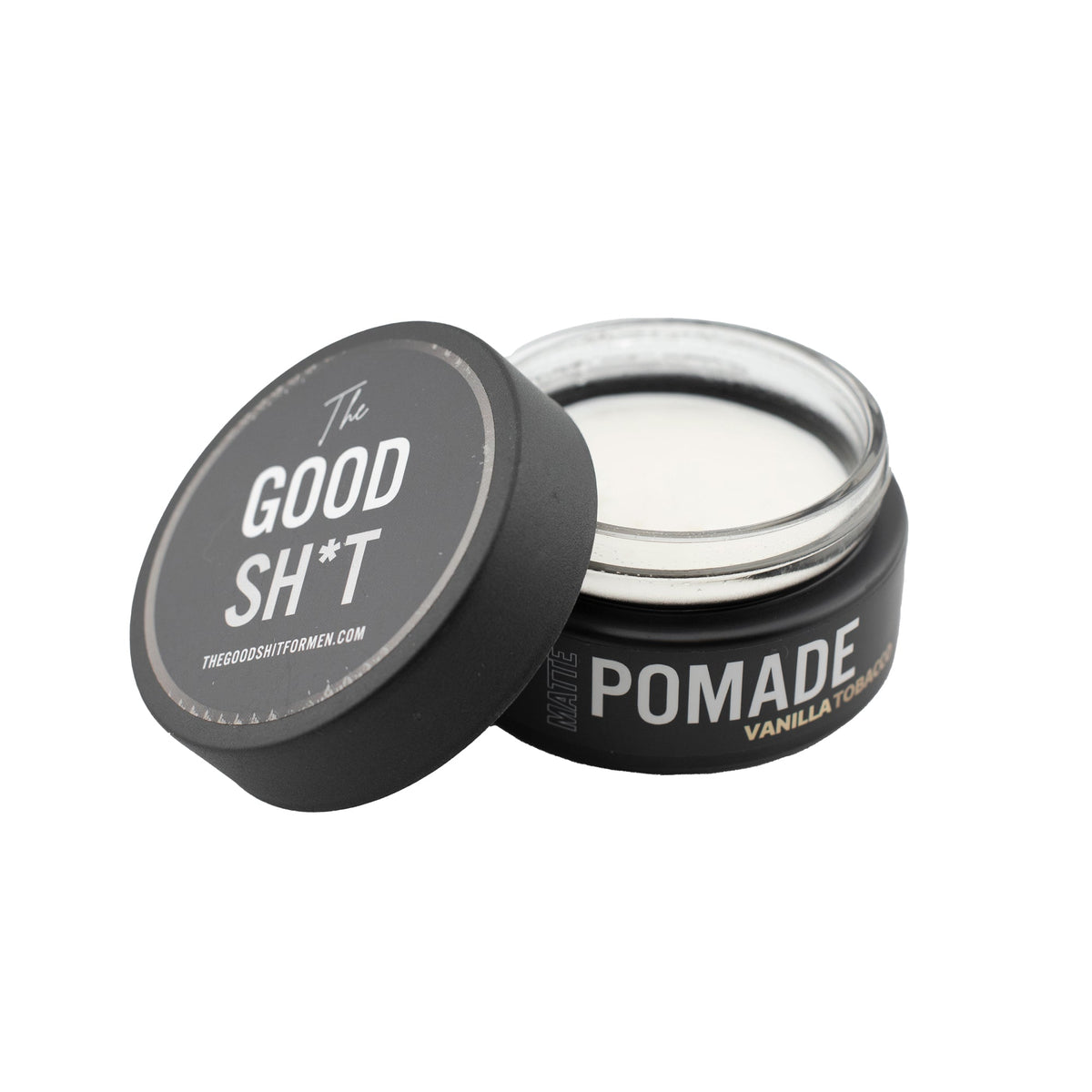 The Good Sh*t Matte Pomade styling product in a jar, suitable for men's grooming and hair styling.