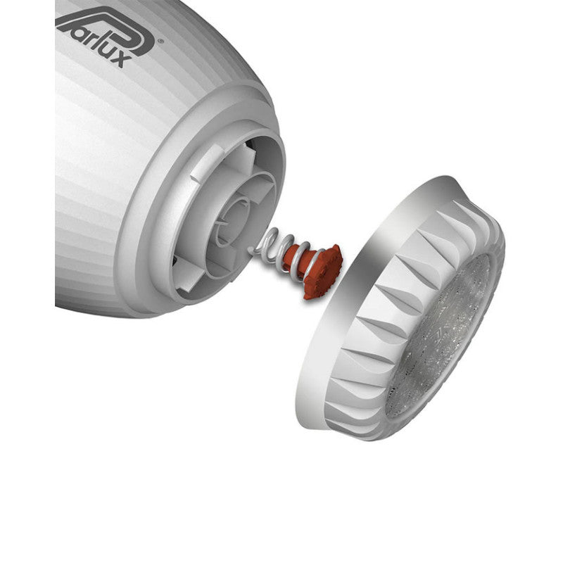 Parlux Digitalyon silver hair dryer with digital controls and sleek design, styled with a modern ergonomic handle.
