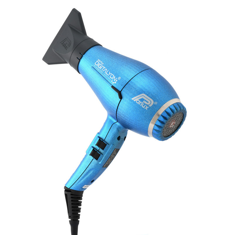 Blue Parlux Digitalyon hair dryer with digital controls and sleek design, perfect for professional styling.
