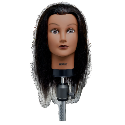 Celebrity Whitney textured hair manikin showing realistic hair with layered, textured styling for practice or display purposes.