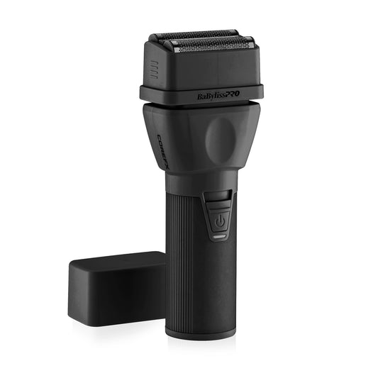 Babyliss Pro CoreFX shaver in black with ergonomic handle and precision blades, designed for professional grooming and close shaves.