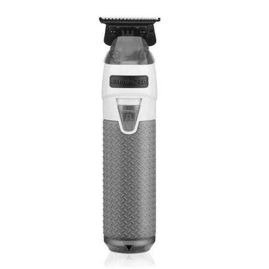 Babyliss Pro FXONE FrostFX Trimmer with a sleek frosted design, close-up of the professional grooming tool for precise trimming.