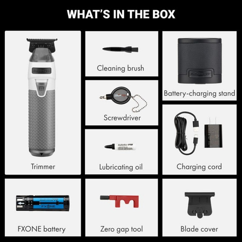 Babyliss Pro FXONE FrostFX trimmer with a sleek frosted finish, featuring precision blades for detailed grooming.