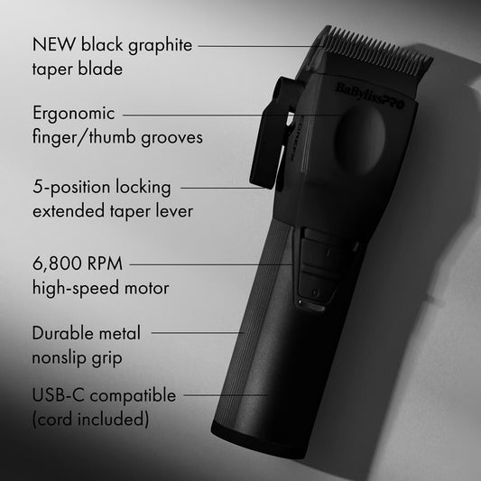 Babyliss Pro CoreFX Clipper in black with ergonomic design and adjustable blade for professional hair cutting.
