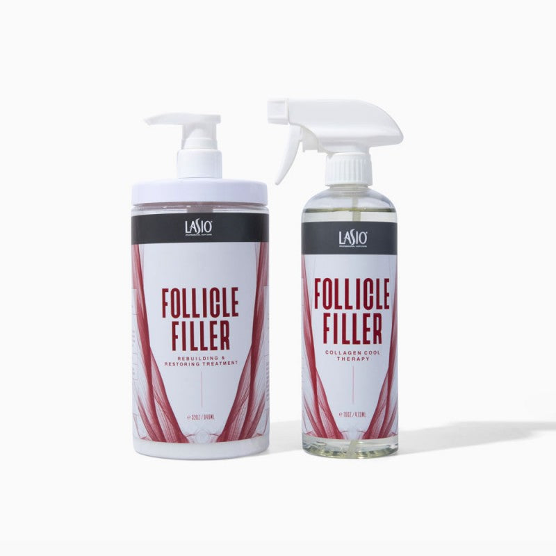 Lasio Follicle Filler Kit for hair treatment with applicator bottles and product tubes, designed to improve hair follicle health.