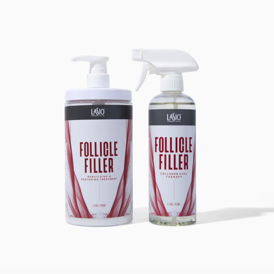 Lasio Follicle Filler Kit for hair treatment with applicator bottles and product tubes, designed to improve hair follicle health.