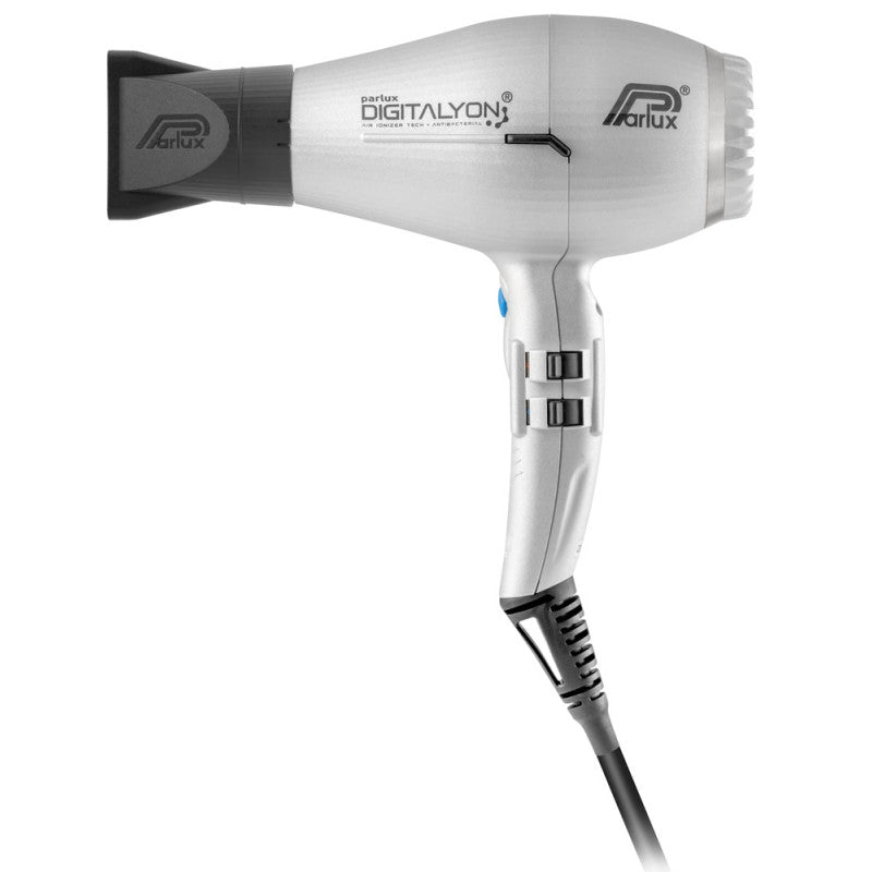 Parlux Digitalyon hair dryer in silver with attachment nozzle, professional styling tool for fast, efficient drying.