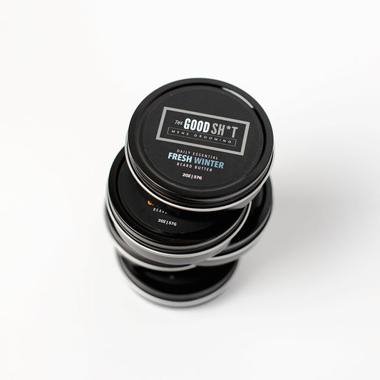 A fresh winter beard with The Good Sh*t Beard Butter 2oz in a jar, showcasing well-groomed facial hair and grooming product.