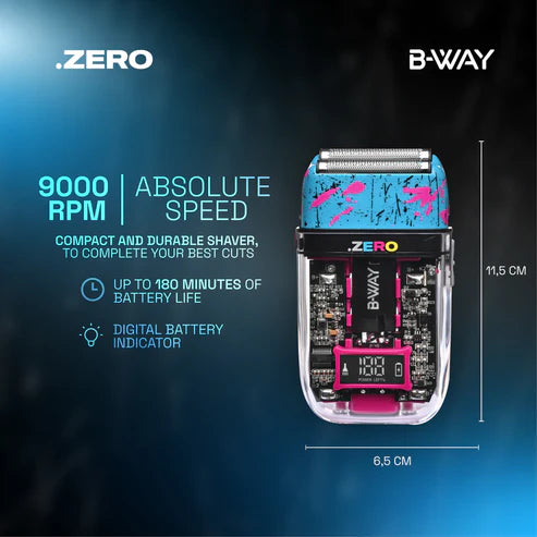B-Way Zero Shaver, a sleek electric shaver with a modern design and multiple shaving heads, suitable for close grooming.