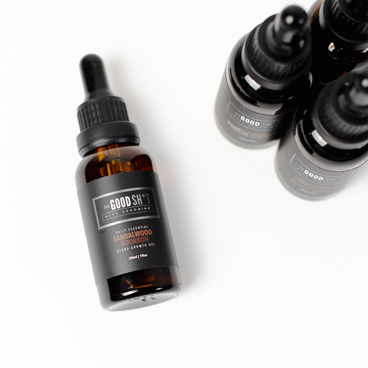 Beard growth oil from The Good Sh*t Mens Grooming featuring sandalwood scent, 1oz bottle for overnight beard care.