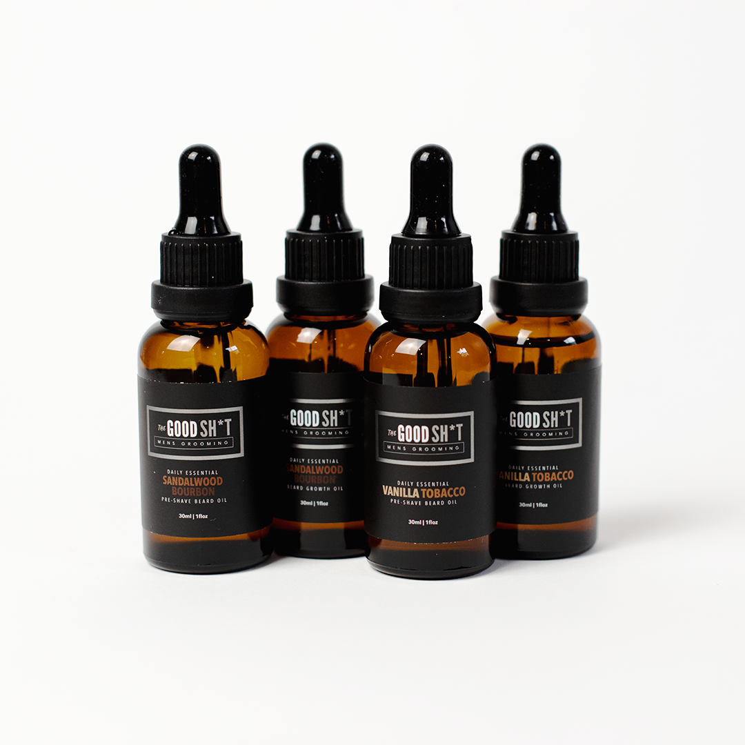 A 1oz bottle of The Good Sh*t Overnight Beard Growth Oil, with dropper and beard grooming branding on the label.