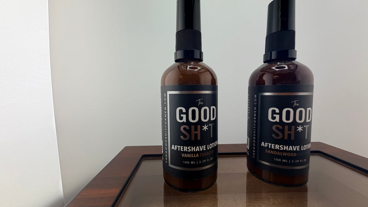 The Good Sh*t Mens Grooming aftershave lotion in a 3.4oz bottle, featuring a sleek design and label, for refreshed skin.