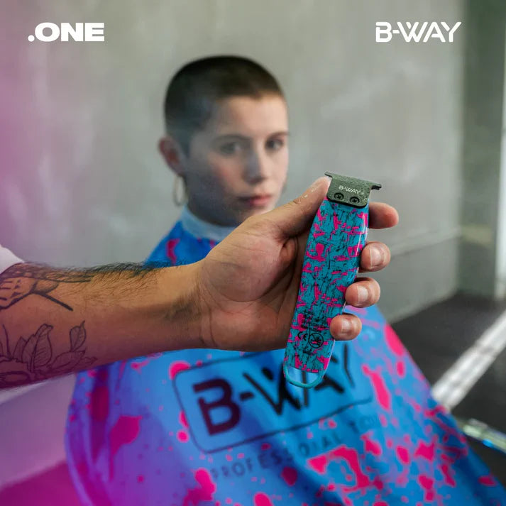 B-Way One Trimmer showing a sleek black and silver grooming device with adjustable blades and ergonomic design.