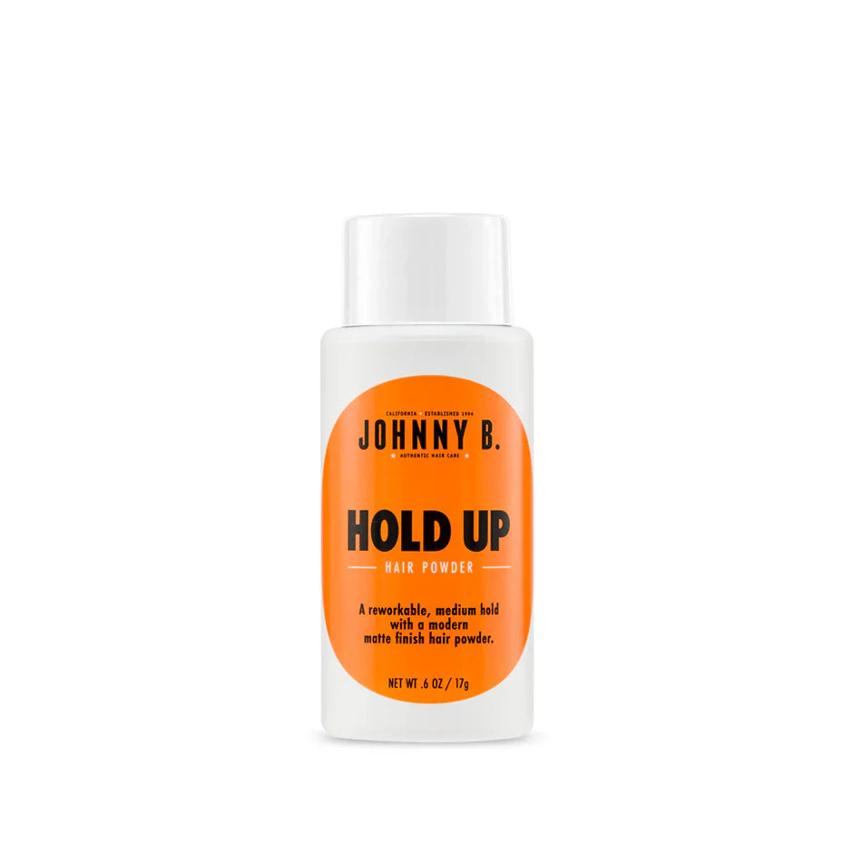 Johnny B Hold Up Hair Powder in 0.5 oz container, styling product with textured, matte finish for thickening or texturizing hair.