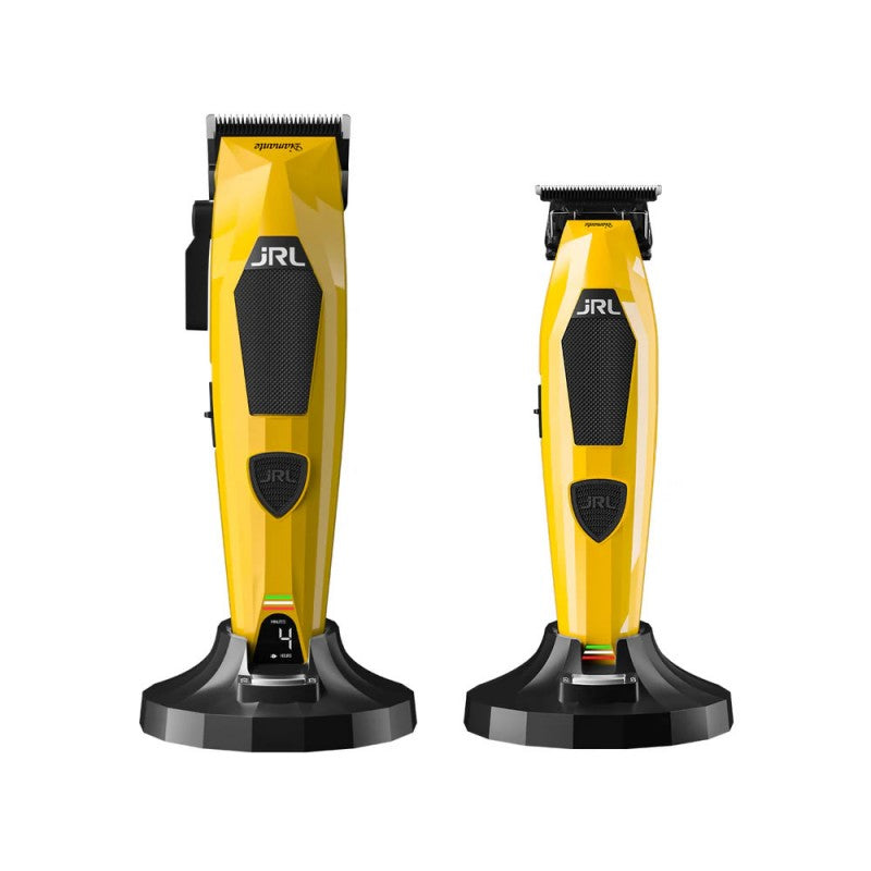 JRL Diamante clipper and trimmer kit in yellow with blades and accessories, ideal for grooming and styling hair.