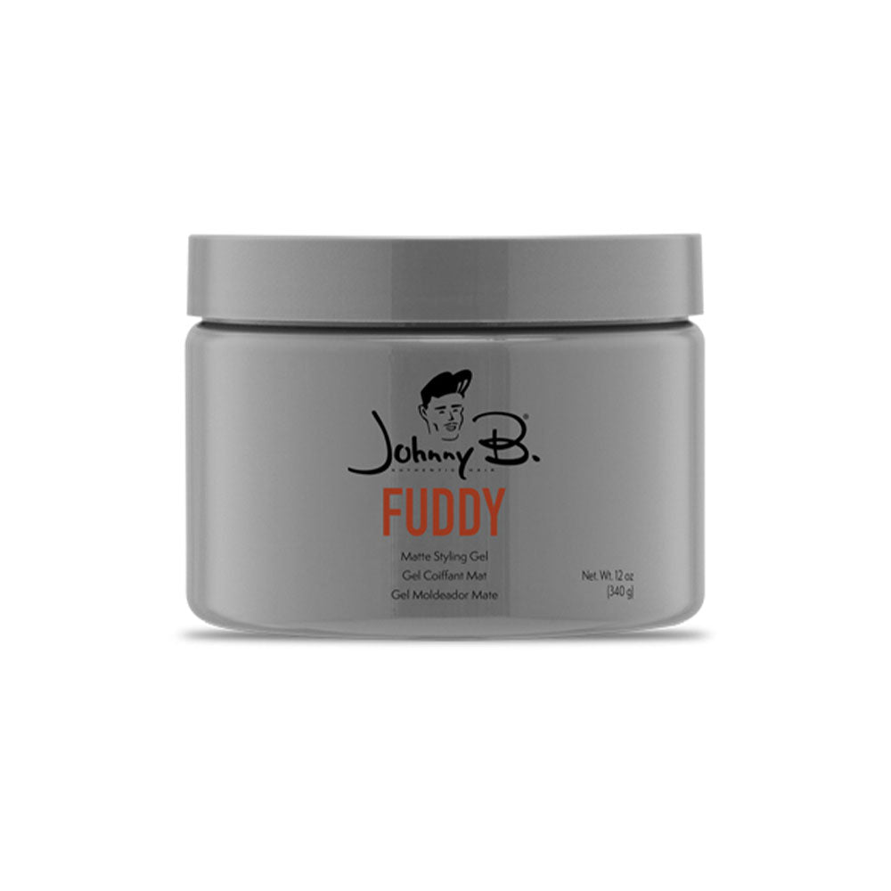 Johnny B Fuddy Matte Styling Gel in a 340ml container, showing the product's label and gel texture for styling hair.