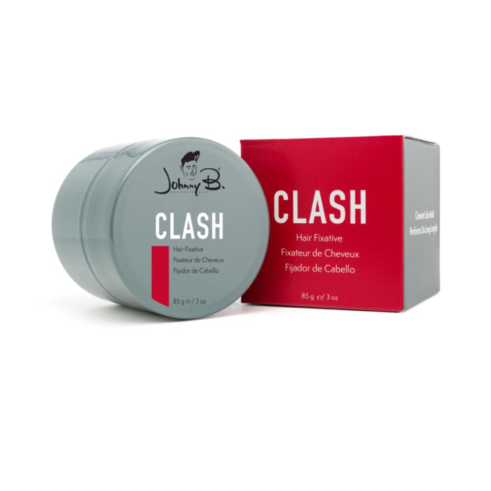 Johnny B Clash hair fixative 3oz bottle, styling product with a spray nozzle for strong hold and textured hair styling.