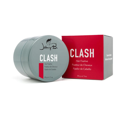 Johnny B Clash hair fixative 3oz bottle, styling product with a spray nozzle for strong hold and textured hair styling.