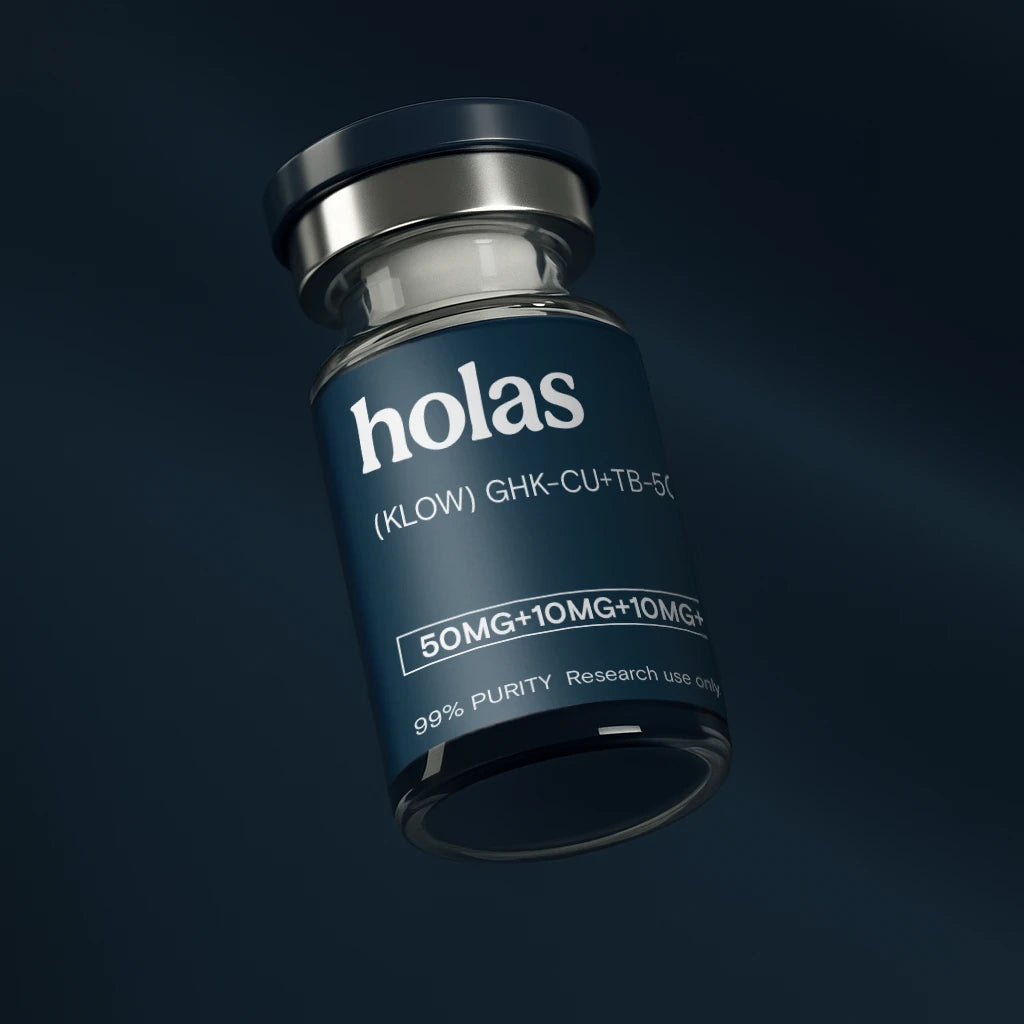 Holas KLOW 80mg peptide vial showing clear liquid with label, designed for advanced peptide supplementation and research.