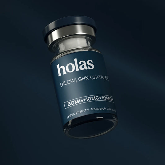 Holas KLOW 80mg peptide vial showing clear liquid with label, designed for advanced peptide supplementation and research.