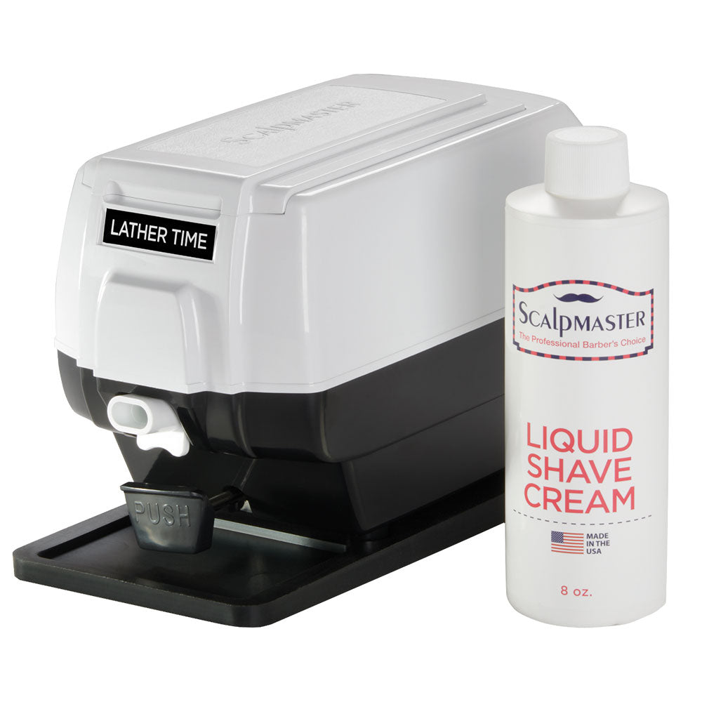 Scalpmaster Lather Time hot lather machine with metal base and adjustable dial for professional shaving preparation.