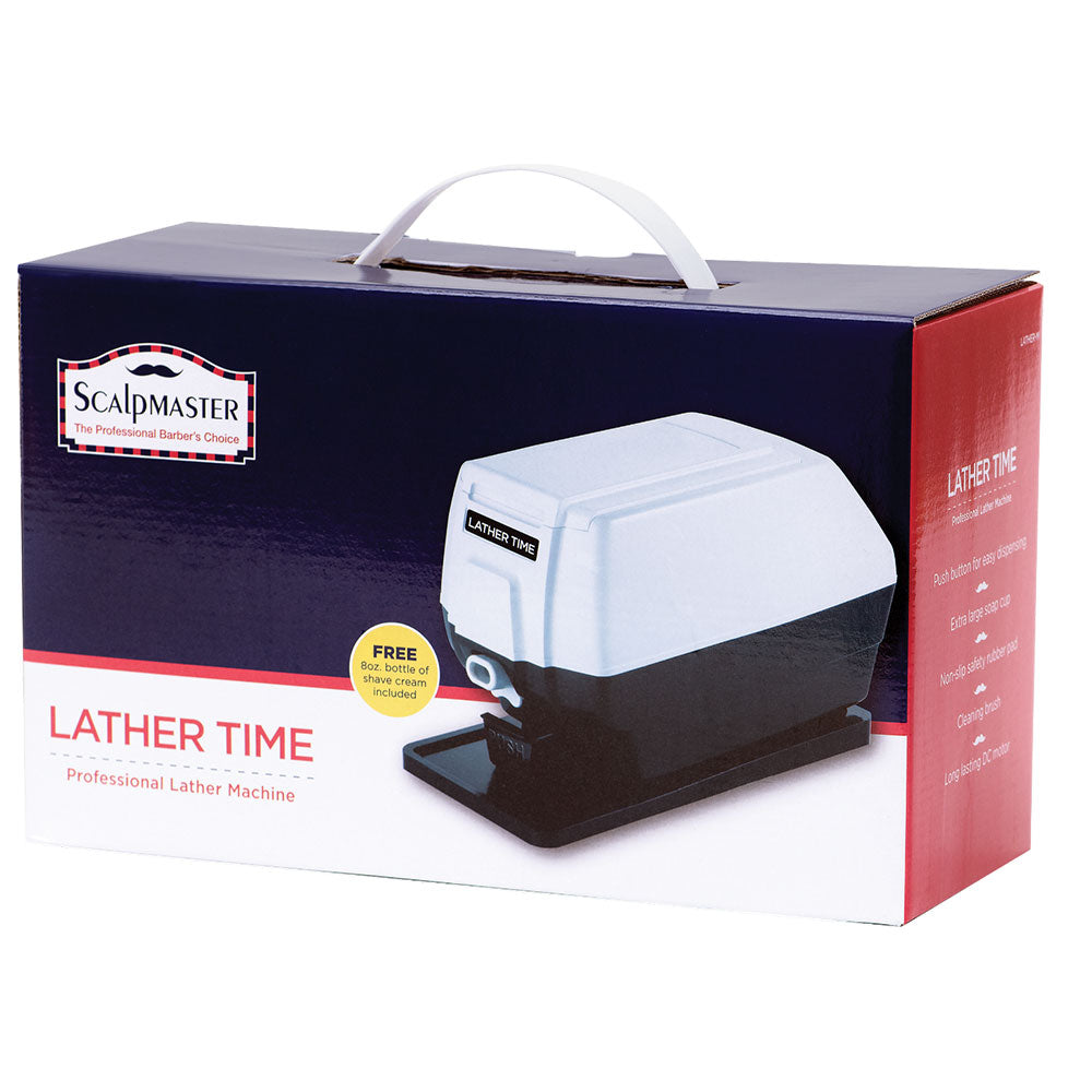 Scalpmaster Lather Time hot lather machine with stainless steel boiler and faucet for producing rich, hot shaving lather.