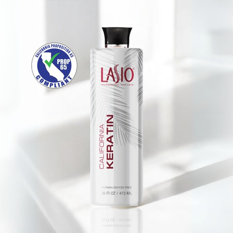 Lasio California Keratin hair treatment bottle, 16 oz, with sleek packaging, designed for smoothing and strengthening hair.