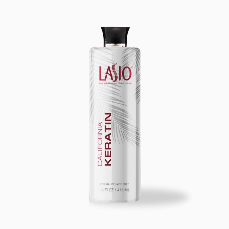 Lasio California Keratin hair treatment bottle, 16 oz, sleek packaging for smoothing and repairing damaged hair.