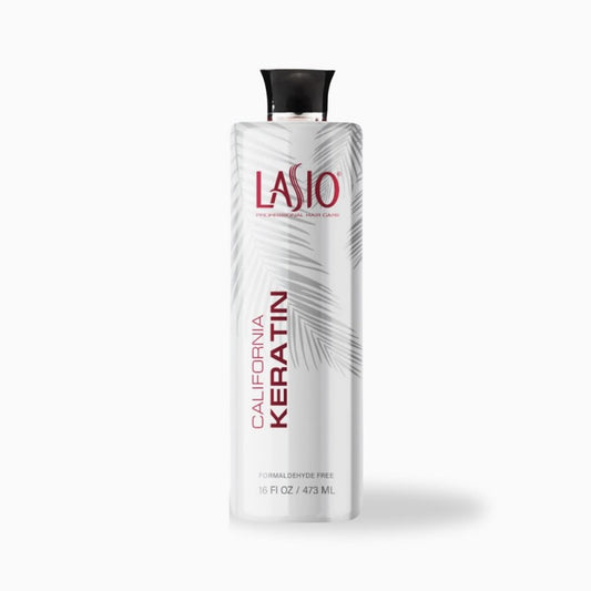 Lasio California Keratin hair treatment bottle, 16 oz, sleek packaging for smoothing and repairing damaged hair.