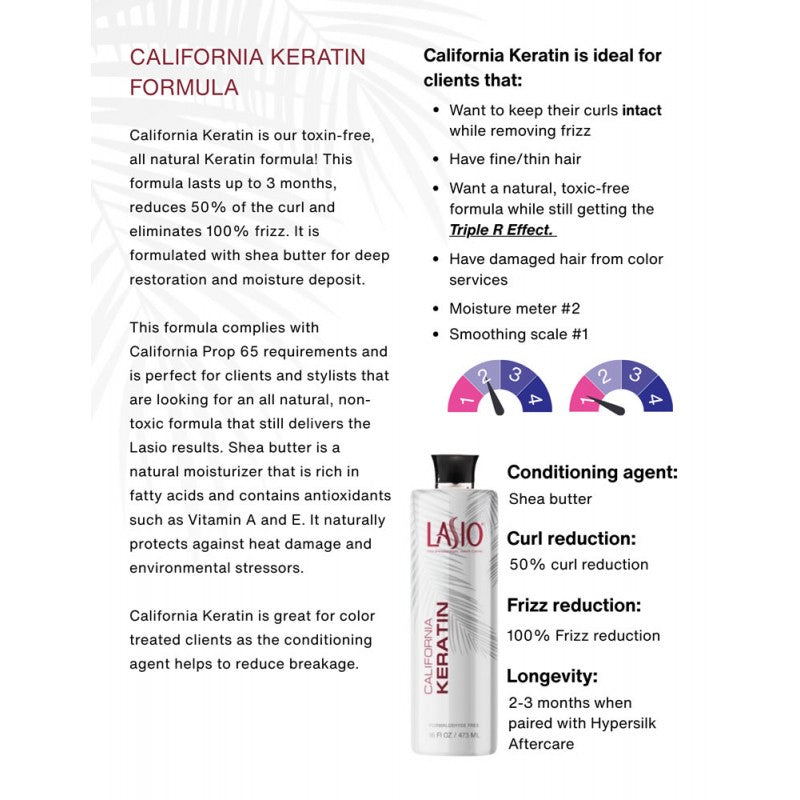Lasio California Keratin hair treatment bottle, 16oz, for smoothing and repairing damaged hair, professional hair care product
