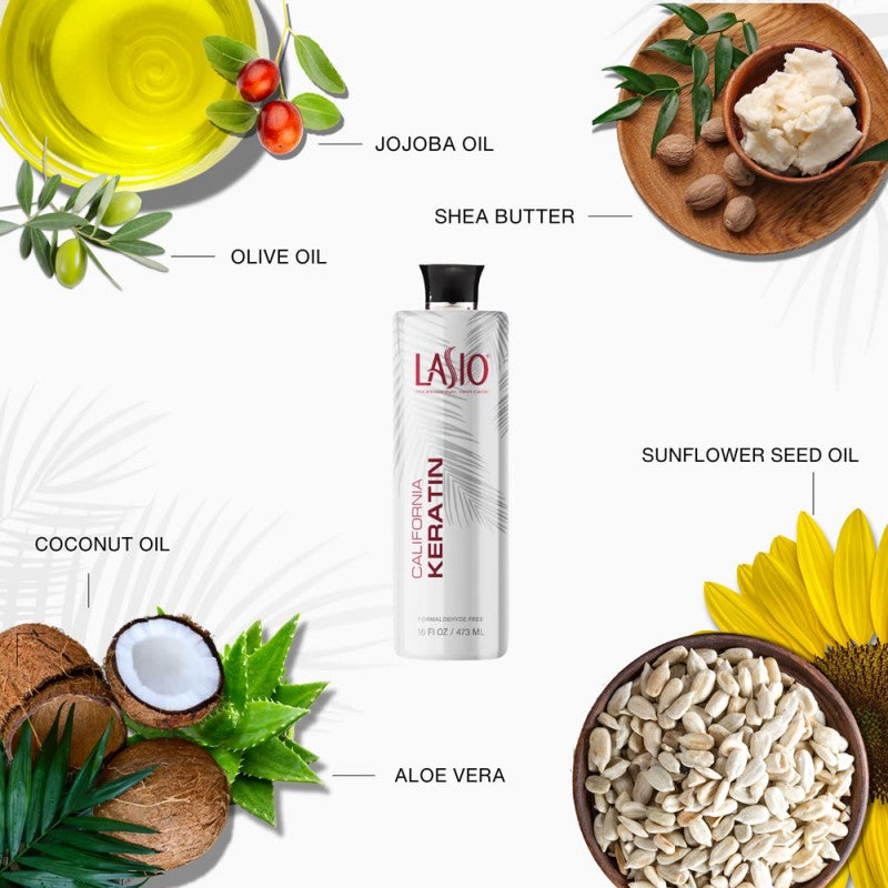 Lasio California Keratin hair treatment bottle with ingredients label, 16 oz size for smoothing and repairing damaged hair.