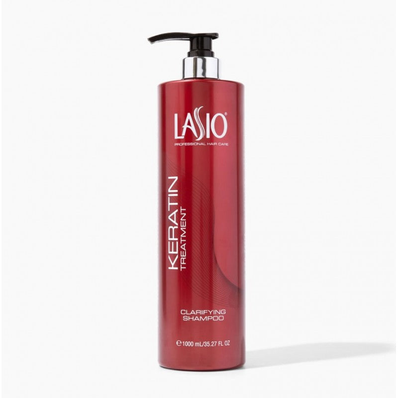 Lasio clarifying shampoo bottle, 35oz size, for deep cleansing of hair, featuring the Lasio brand logo and packaging design.