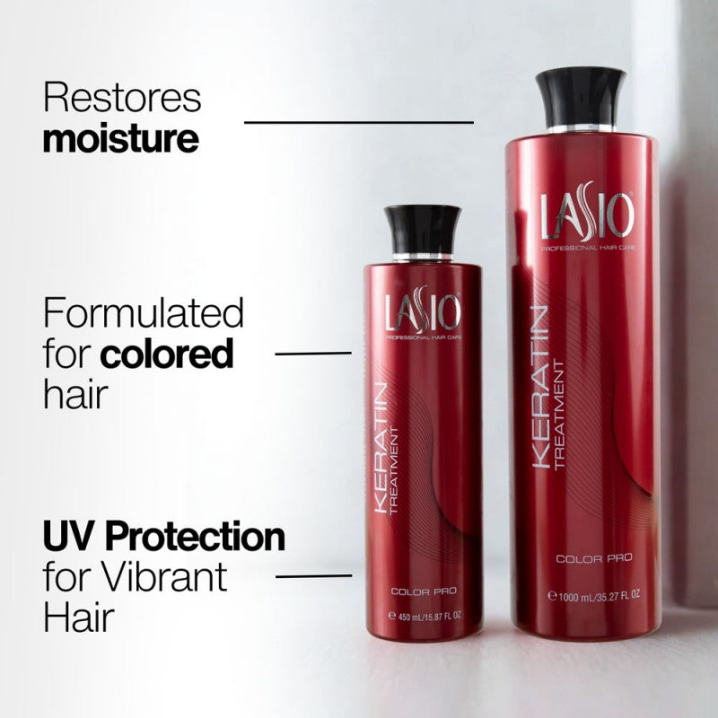 Lasio Color Pro Keratin Hair Treatment bottle with packaging, designed to smooth and repair damaged hair.