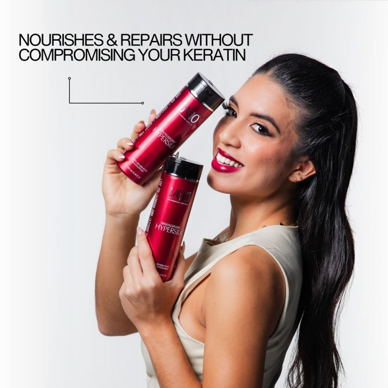 Lasio Hypersilk Replenishing Shampoo bottle, gentle hair care product for nourishing and restoring hair health.