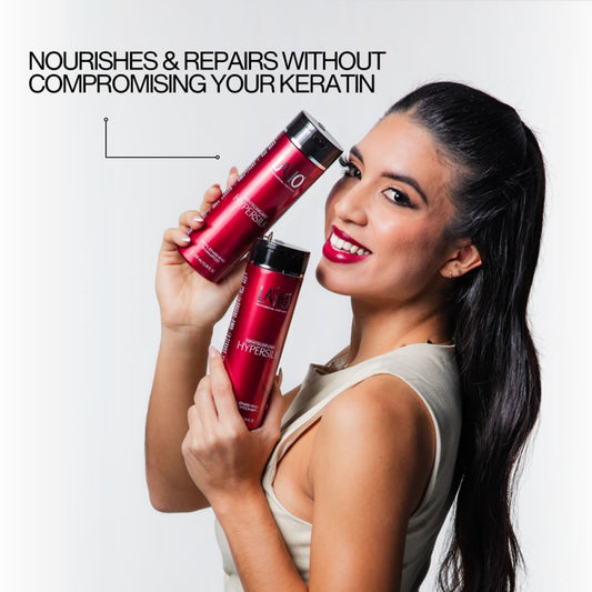 Lasio Hypersilk Replenishing Shampoo bottle, gentle hair care product for nourishing and restoring hair health.
