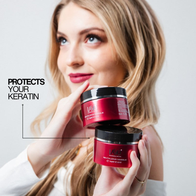 Lasio Hypersilk Revitalizing Masque for hair treatment, showing the jar with pink and white packaging and product label.