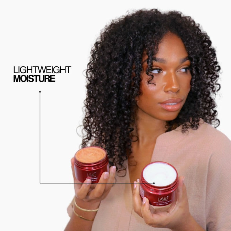 Lasio Hypersilk Revitalizing Masque for hair treatment, showing a jar of the smoothing hair mask with a black lid and label.