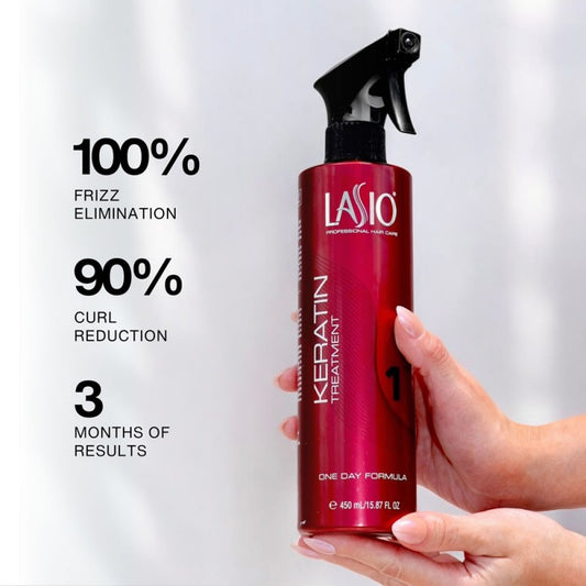 Lasio "One Day" keratin hair treatment bottle, smooth and shiny hair effect, professional hair care product by Lasio.