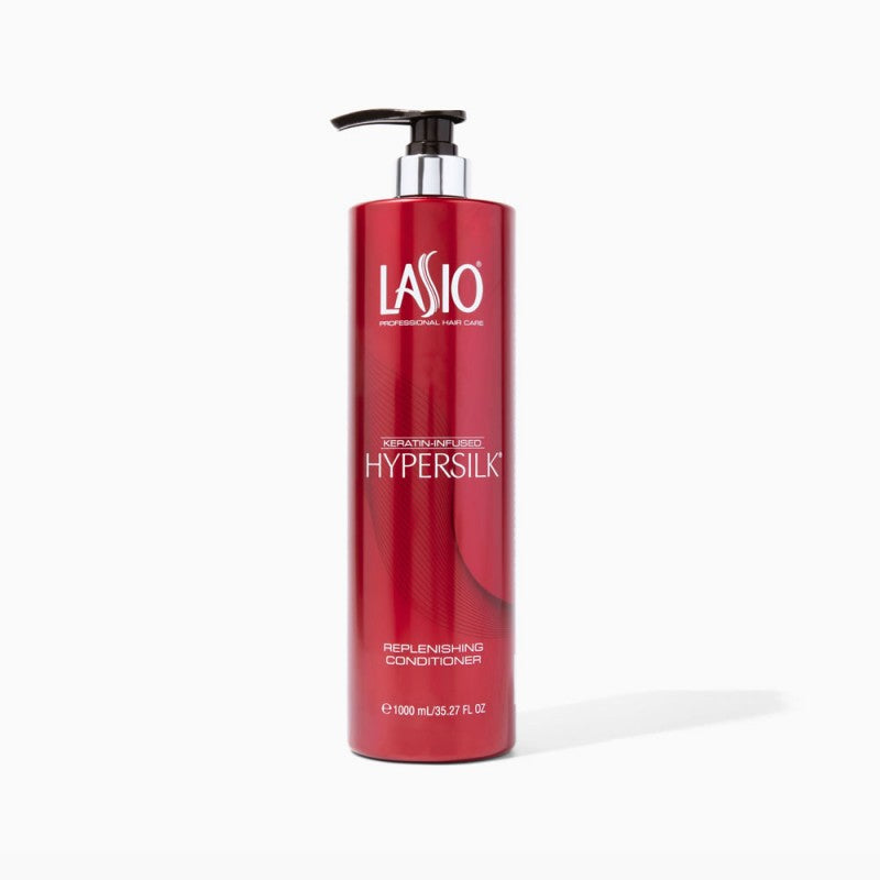 Lasio Hypersilk Replenishing Conditioner bottle, 35oz, smooth and nourishing for healthy hair, shown in a sleek container.