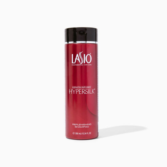 Lasio Hypersilk Replenishing Shampoo in a 12oz bottle, designed to nourish and strengthen hair with a gentle formula.